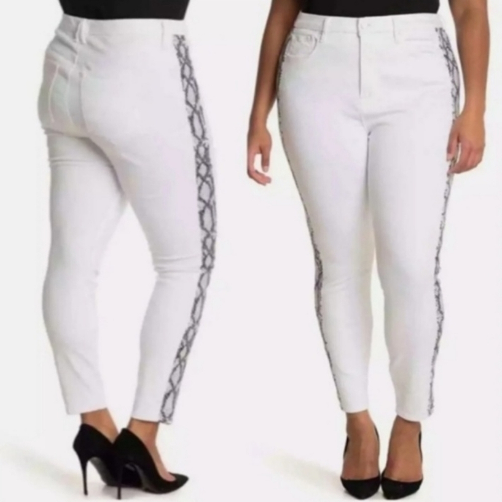 Good American White High-Rise Jeans with Black Snake-Print Side Stripe